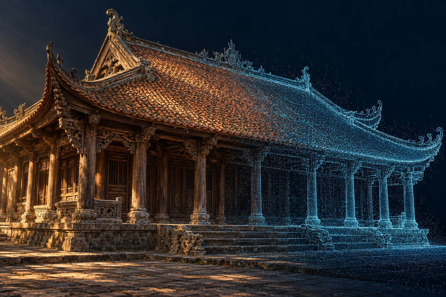 Minh họa kiến trúc gỗ truyền thống Việt Nam chuyển tiếp sang dữ liệu đám mây điểm 3D